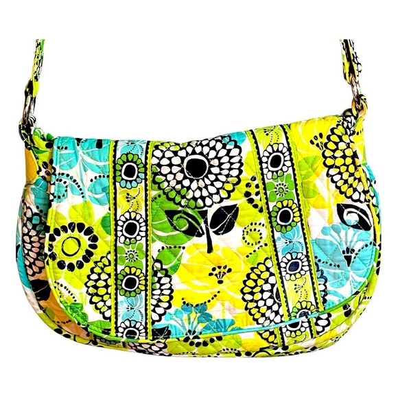 Vera Bradley Limes Up Pattern Green Floral Quilted Shoulder Crossbody Saddle Bag - Picture 7 of 13